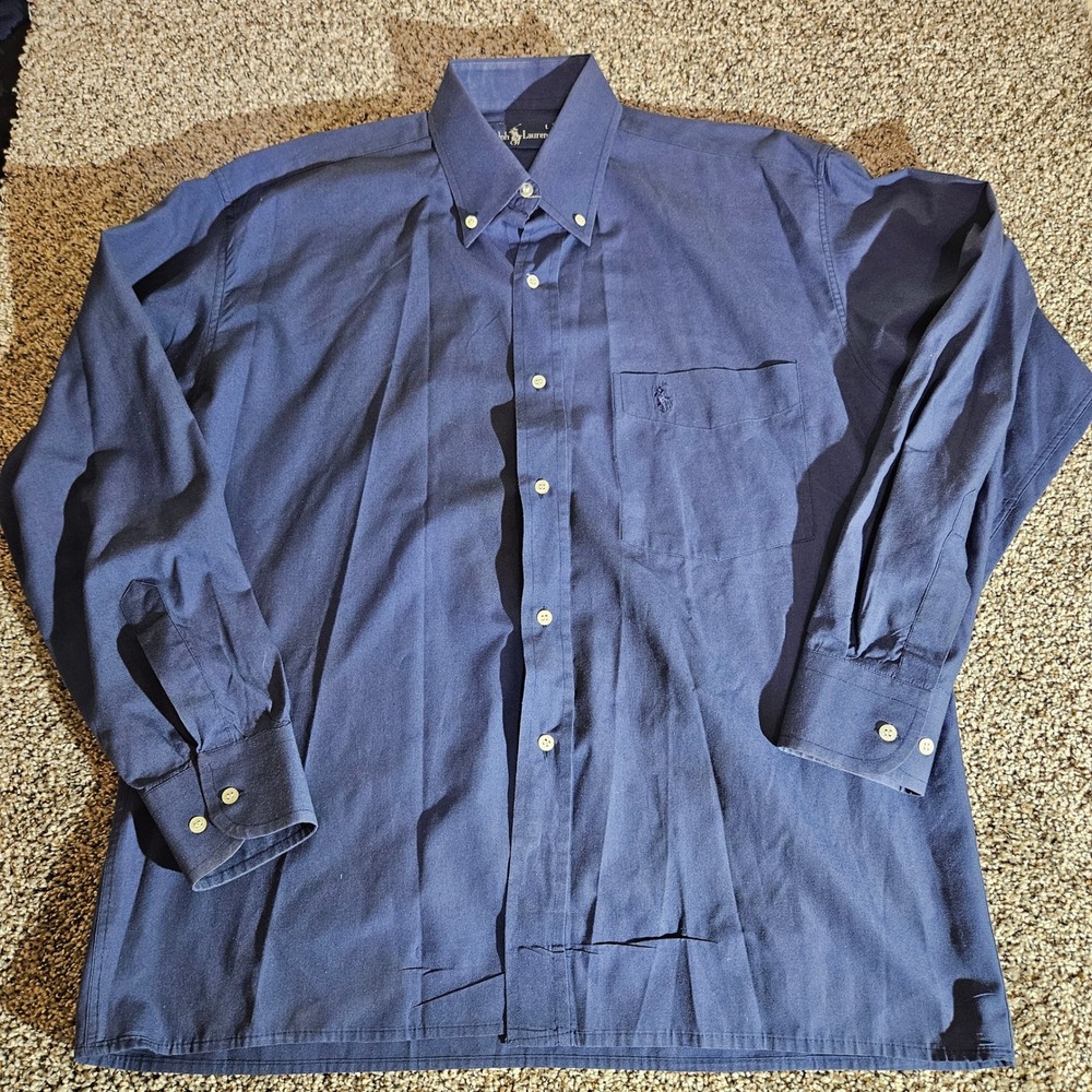 Vintage Ralph Lauren Mens Navy Blue Cotton Button Down Shirt Made in USA Large